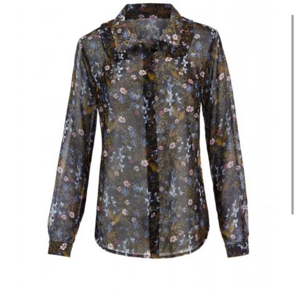 Cabi Sheer Floret Ruffle Long Sleeve Blouse - Picture 10 of 10